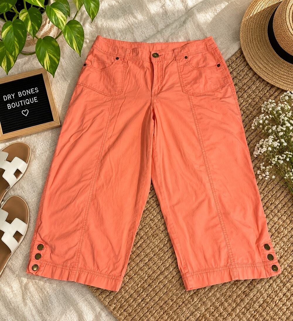 Kim Rogers Women’s Size 12 Coral Capri Pants Cropped Snap Hem Utility Stretch